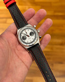 Panda dial with matching red stitch black perforated calf leather racing style strap